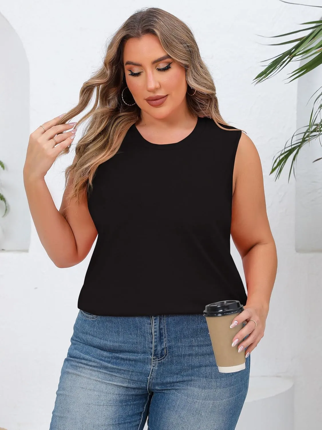 JOELLYUS Women Plus Size Tank Tops Summer Sleeveless Top Crew Neck Casual Blouse Oversized Shirts
