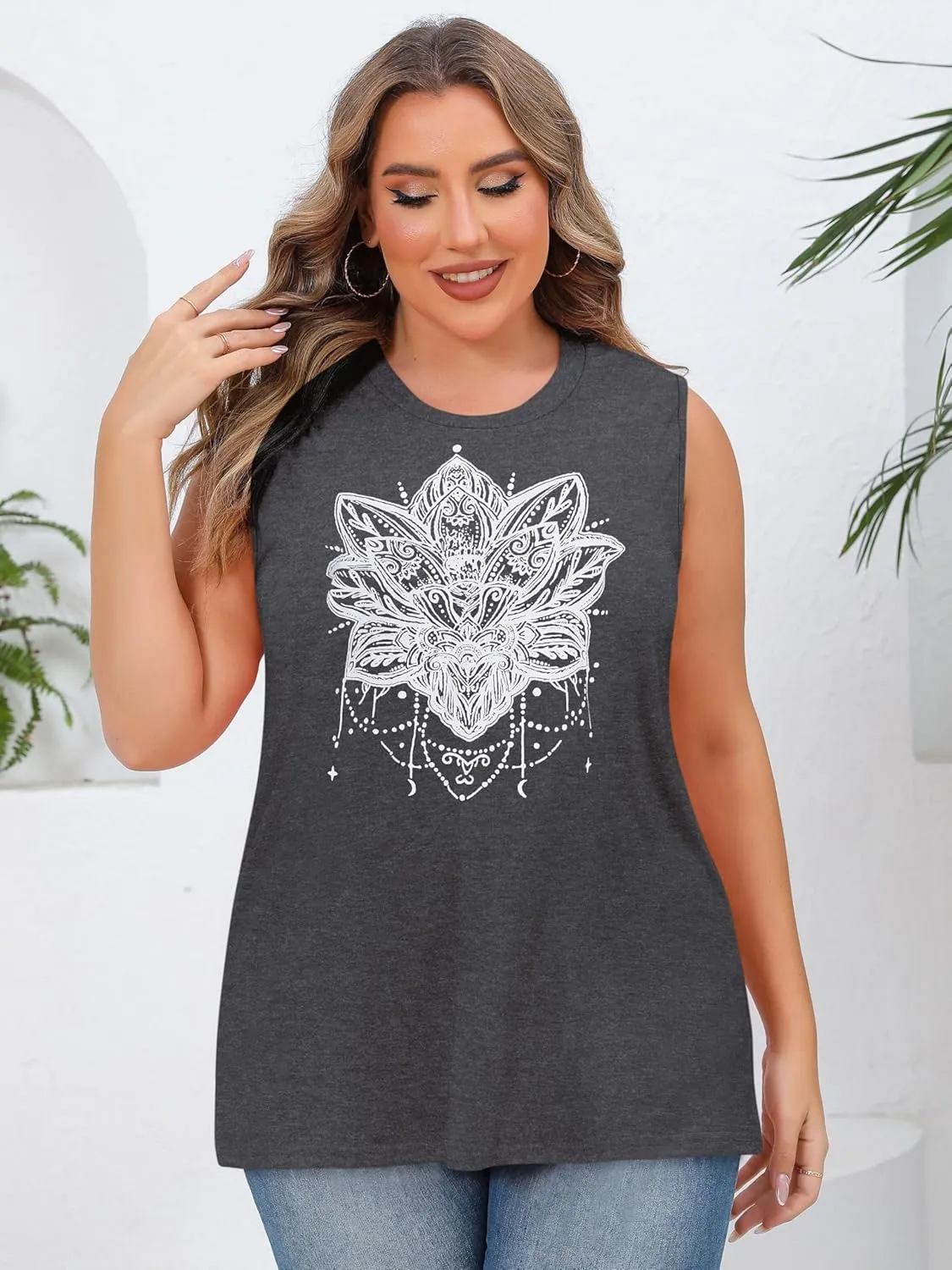 JOELLYUS Women Plus Size Tank Tops Summer Sleeveless Top Crew Neck Casual Blouse Oversized Shirts