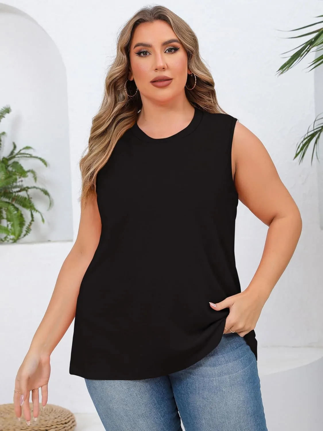 JOELLYUS Women Plus Size Tank Tops Summer Sleeveless Top Crew Neck Casual Blouse Oversized Shirts