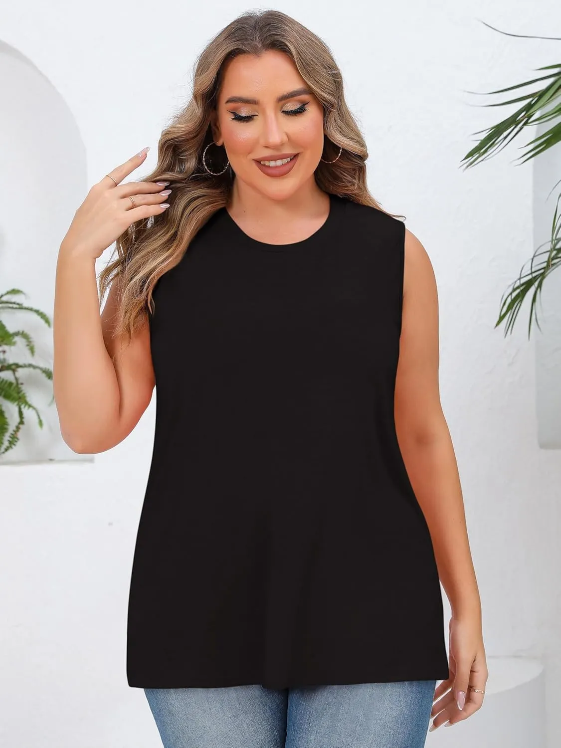 JOELLYUS Women Plus Size Tank Tops Summer Sleeveless Top Crew Neck Casual Blouse Oversized Shirts