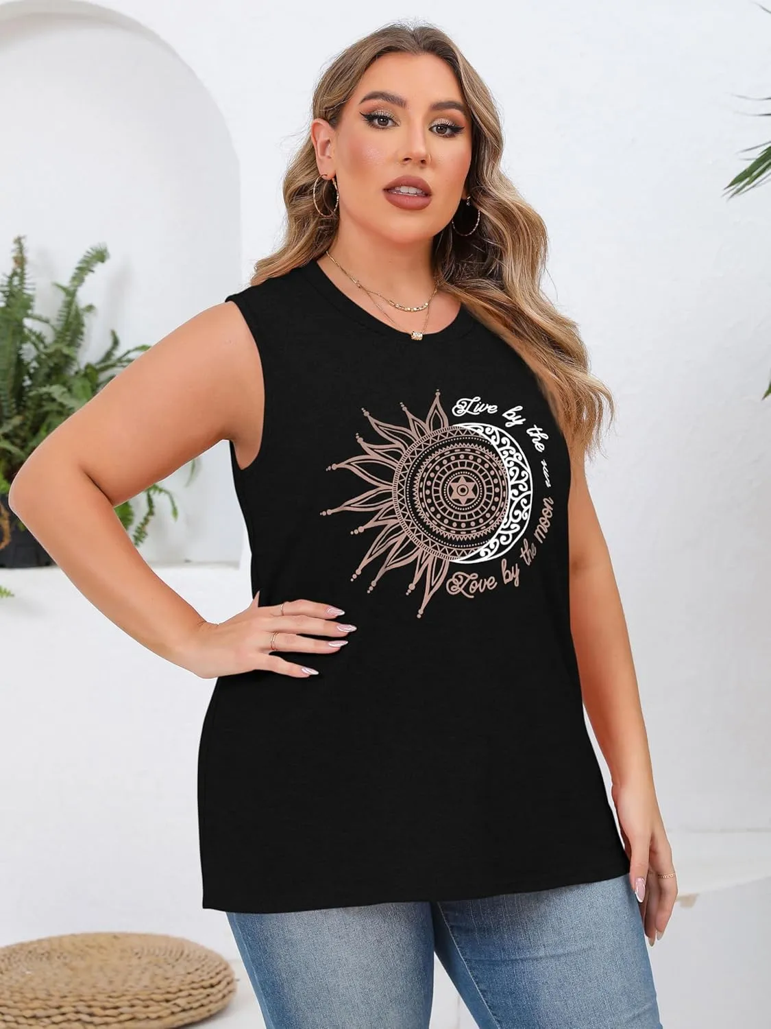 JOELLYUS Women Plus Size Tank Tops Summer Sleeveless Top Crew Neck Casual Blouse Oversized Shirts