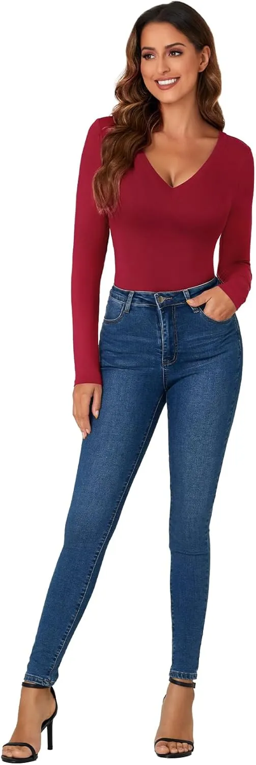 KIFOVEN Women's Sexy V Neck Long Sleeve Body Suits Going Out Tops Bodysuits Leotard