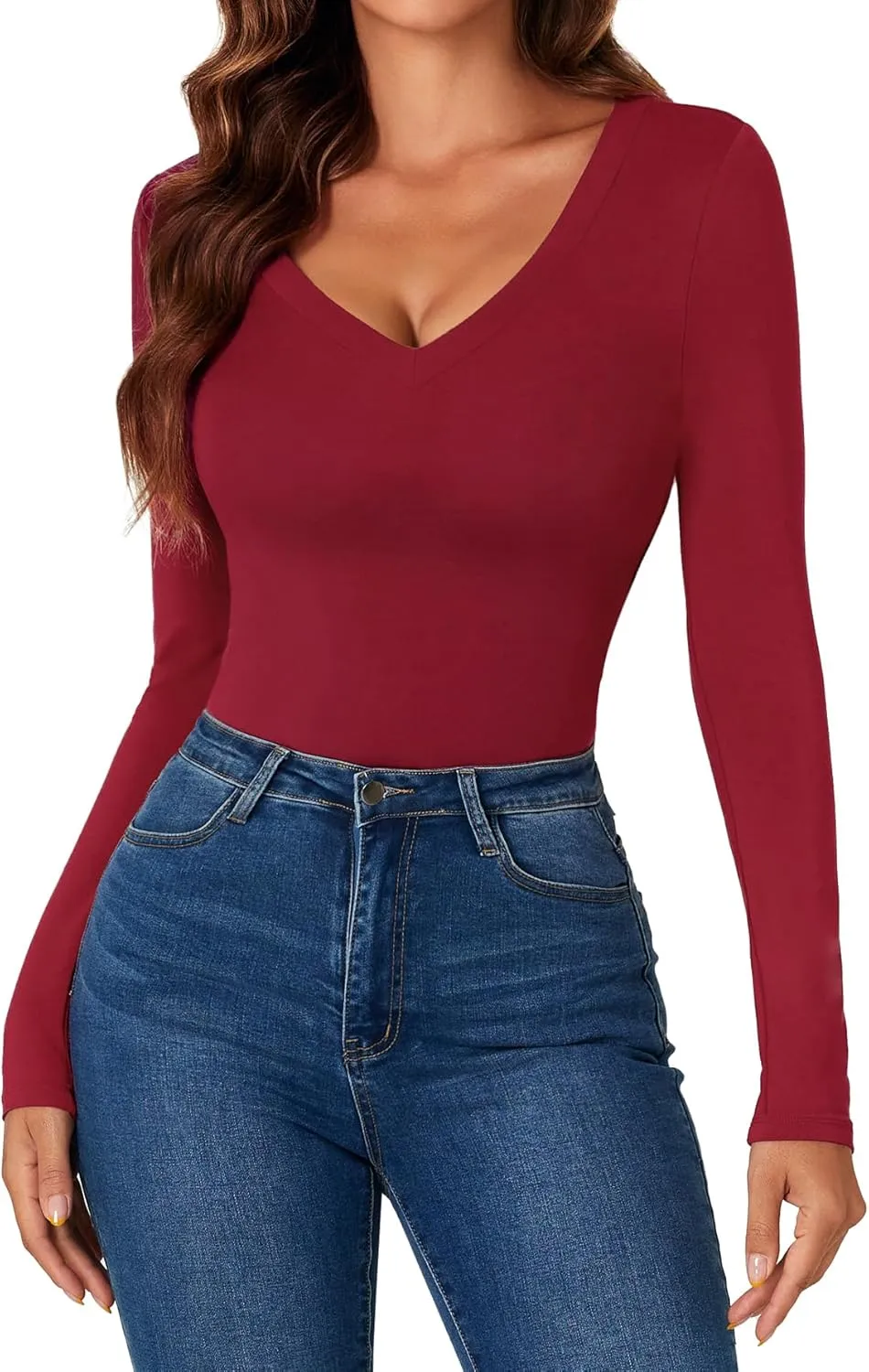 KIFOVEN Women's Sexy V Neck Long Sleeve Body Suits Going Out Tops Bodysuits Leotard