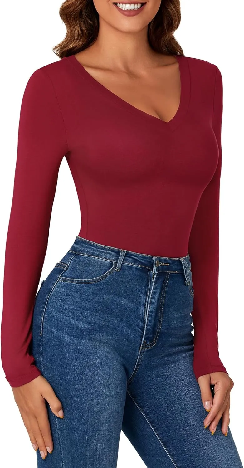 KIFOVEN Women's Sexy V Neck Long Sleeve Body Suits Going Out Tops Bodysuits Leotard