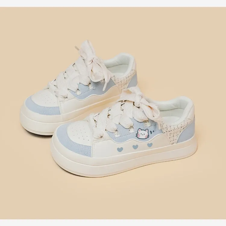 Korean Style Cute Style Blue Cartoon Kitten Print Low-top Sneakers