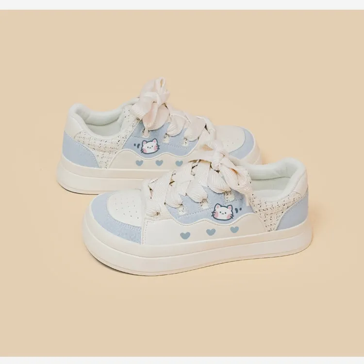 Korean Style Cute Style Blue Cartoon Kitten Print Low-top Sneakers