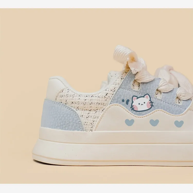 Korean Style Cute Style Blue Cartoon Kitten Print Low-top Sneakers