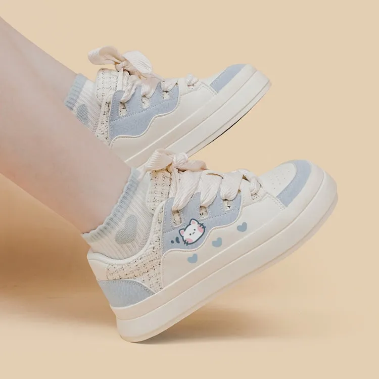 Korean Style Cute Style Blue Cartoon Kitten Print Low-top Sneakers