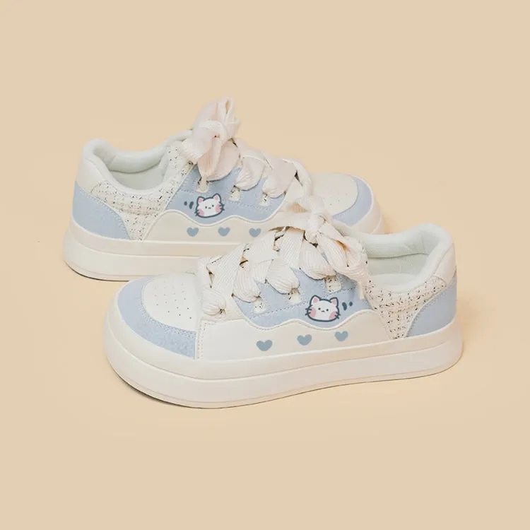 Korean Style Cute Style Blue Cartoon Kitten Print Low-top Sneakers