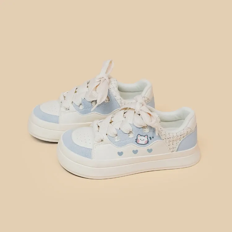 Korean Style Cute Style Blue Cartoon Kitten Print Low-top Sneakers