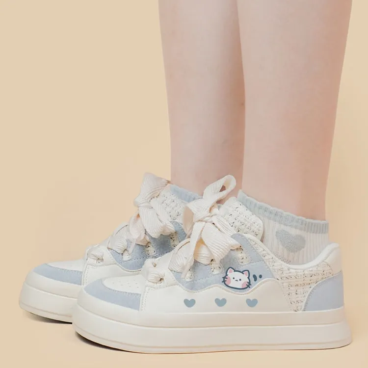 Korean Style Cute Style Blue Cartoon Kitten Print Low-top Sneakers