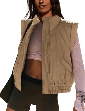 Lviefent Womens Puffer Vest Cropped Lightweight Button Down Quilted Vest Sleeveless Padded Gilet Coat with Pockets