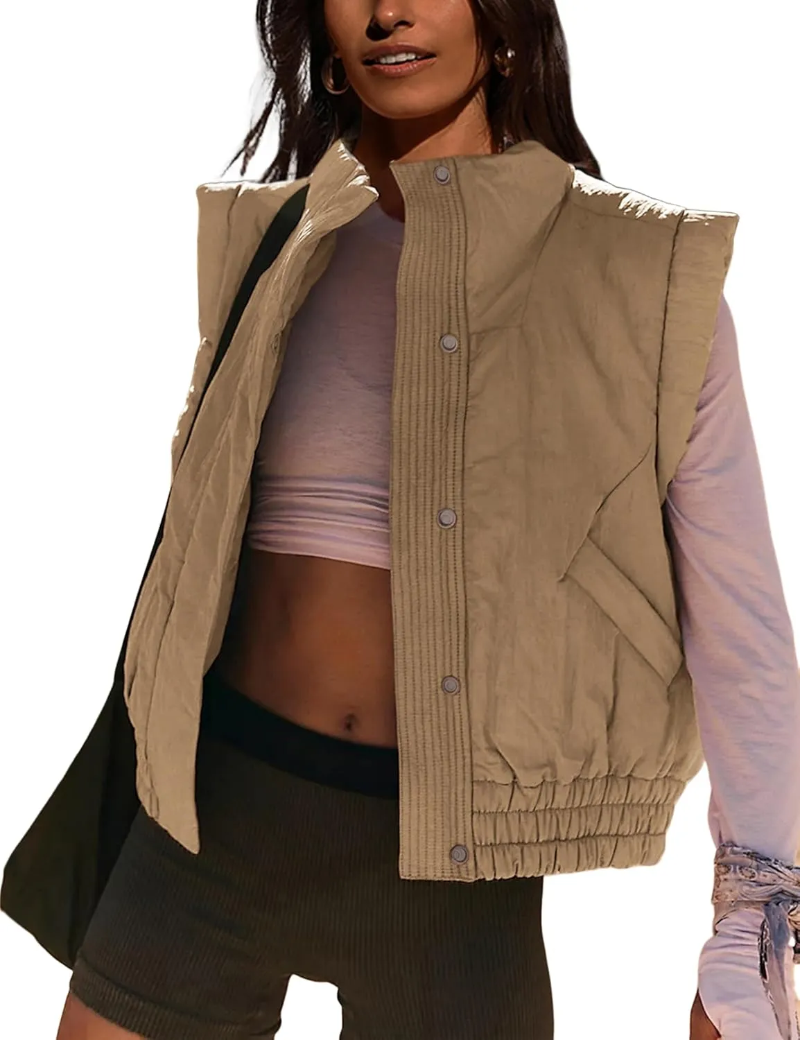 Lviefent Womens Puffer Vest Cropped Lightweight Button Down Quilted Vest Sleeveless Padded Gilet Coat with Pockets