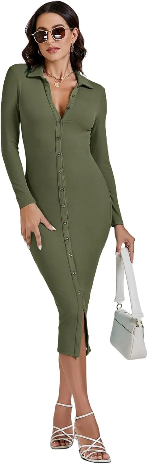 LYANER Women's Casual Ribbed Knit Button Down Collar V Neck Long Sleeve Bodycon Midi Dress