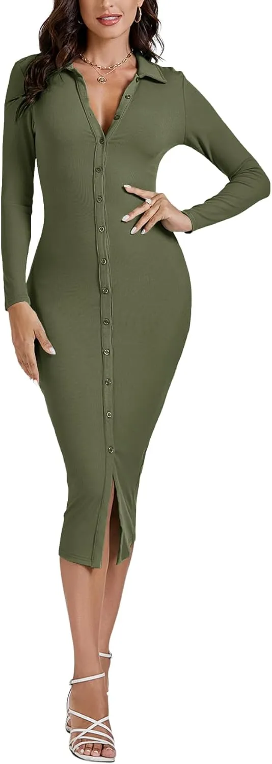 LYANER Women's Casual Ribbed Knit Button Down Collar V Neck Long Sleeve Bodycon Midi Dress