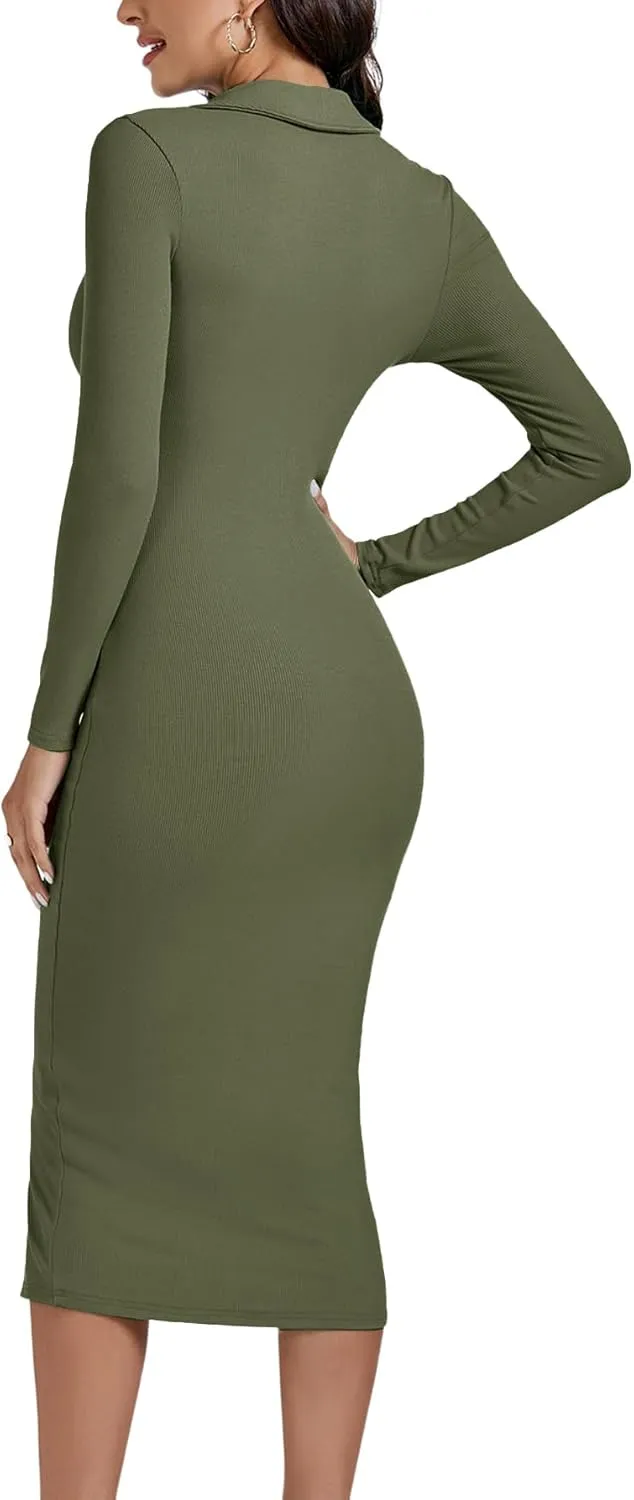 LYANER Women's Casual Ribbed Knit Button Down Collar V Neck Long Sleeve Bodycon Midi Dress