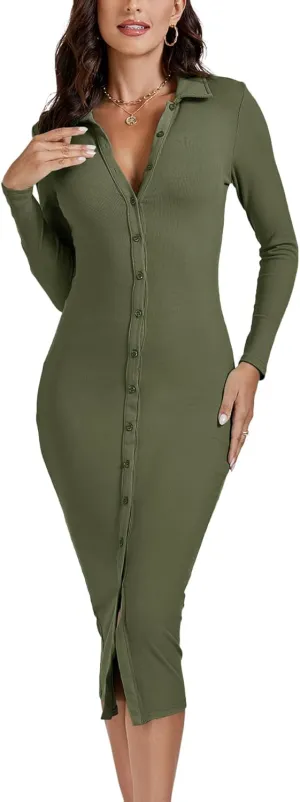 LYANER Women's Casual Ribbed Knit Button Down Collar V Neck Long Sleeve Bodycon Midi Dress