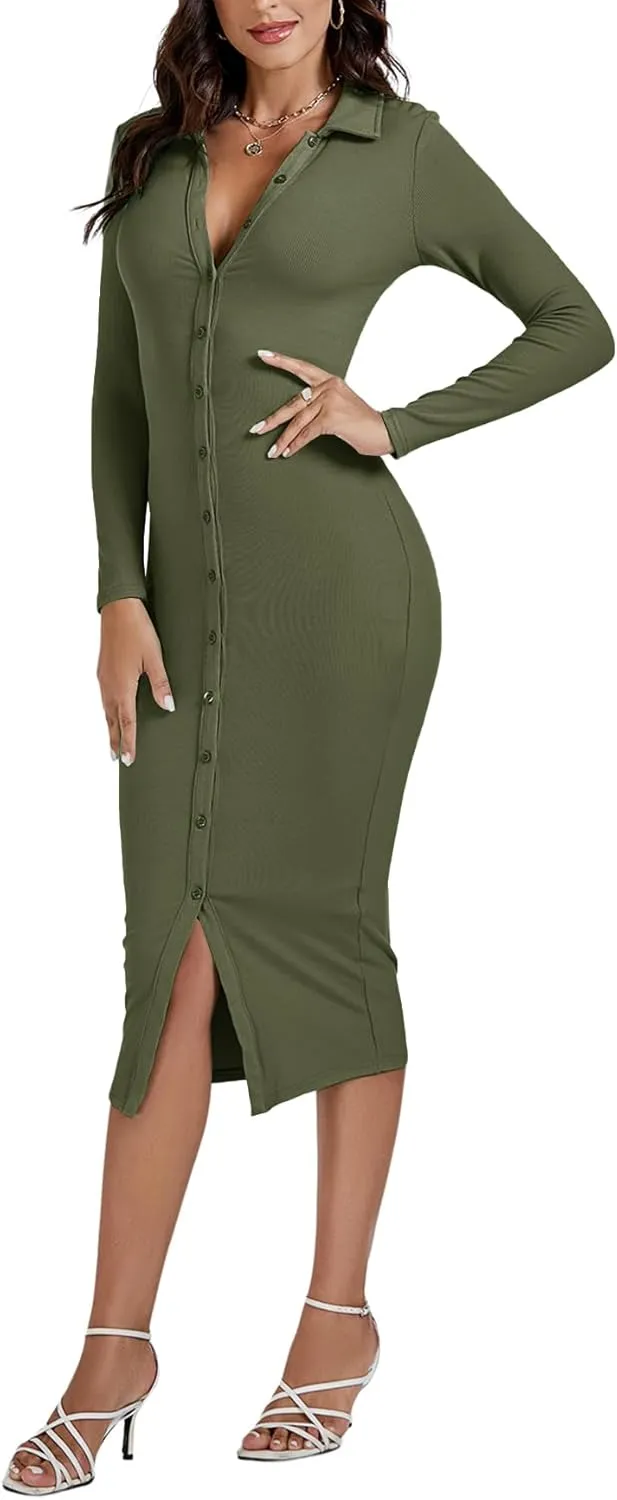 LYANER Women's Casual Ribbed Knit Button Down Collar V Neck Long Sleeve Bodycon Midi Dress