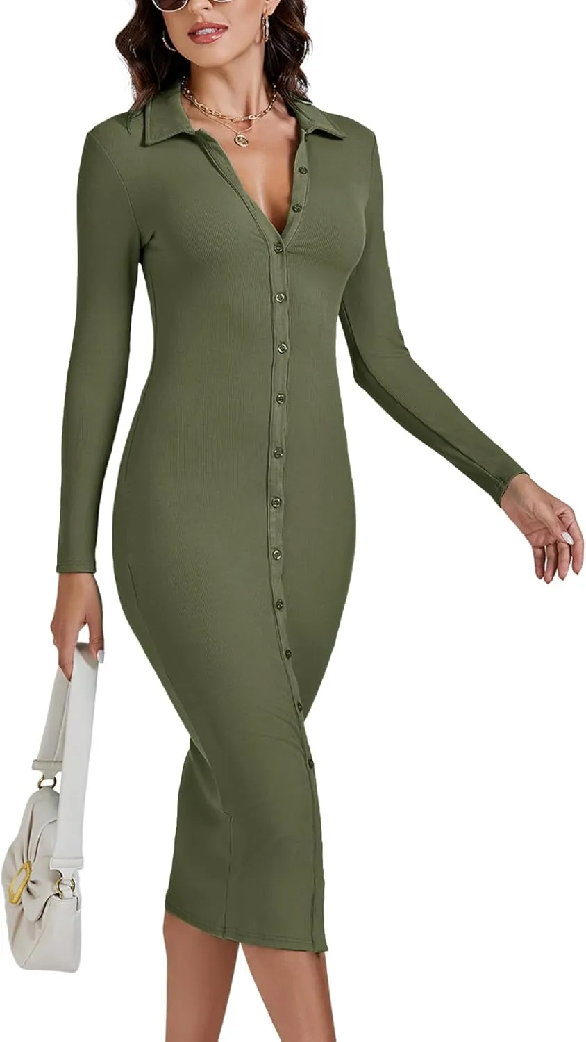 LYANER Women's Casual Ribbed Knit Button Down Collar V Neck Long Sleeve Bodycon Midi Dress