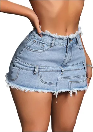 MakeMeChic Women's Distressed Trim Button Front Zip Fly Skinny Fit Denim Mini Skirts