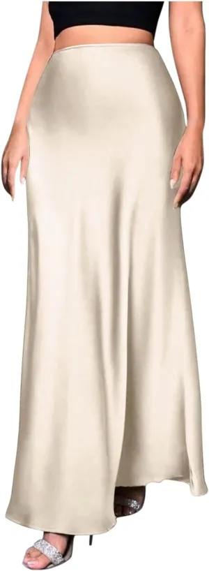 Maxi Skirts for Women Summer Trendy Soft Solid A Line Long Skirt with Zipper Flowy Satin Skirt Casual Dressy Work