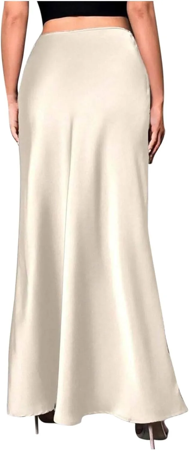 Maxi Skirts for Women Summer Trendy Soft Solid A Line Long Skirt with Zipper Flowy Satin Skirt Casual Dressy Work