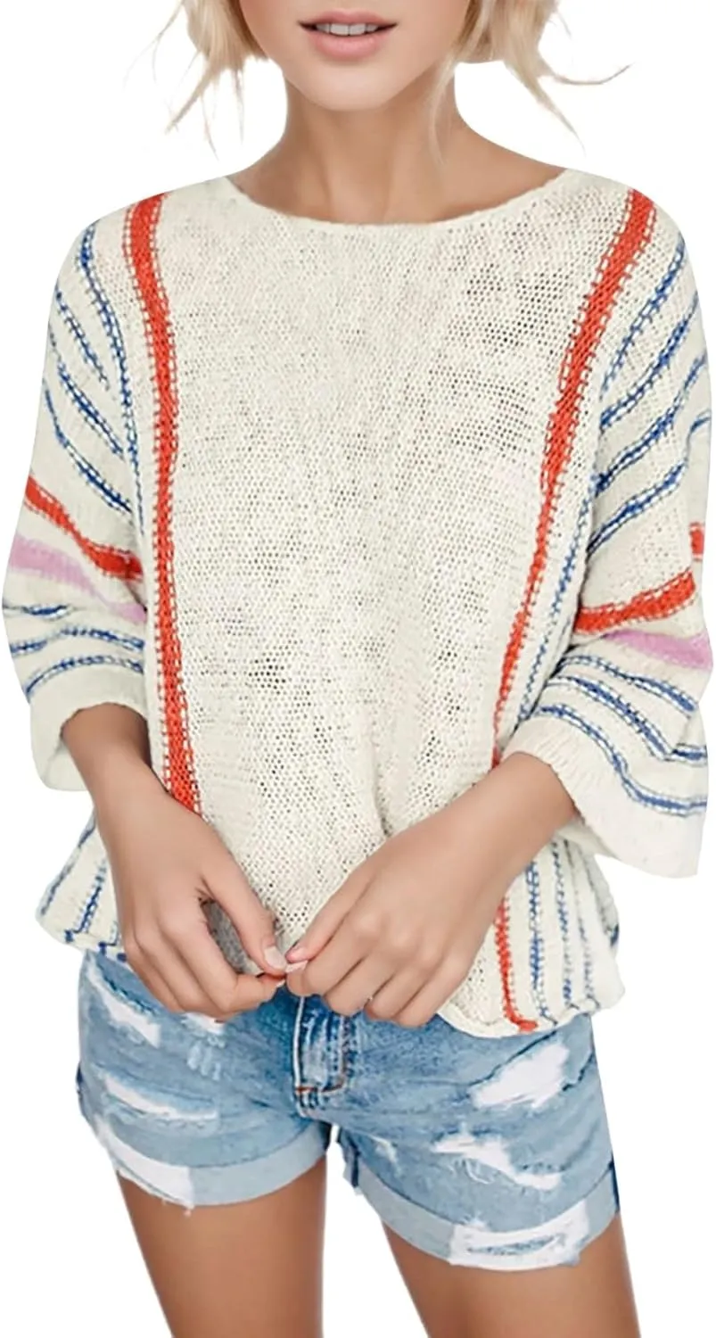 MCILLO Womens Cute Fall Color Block Striped Lightweight Comfy Cable Knit Beach Pullover Sweaters 2023 Trendy