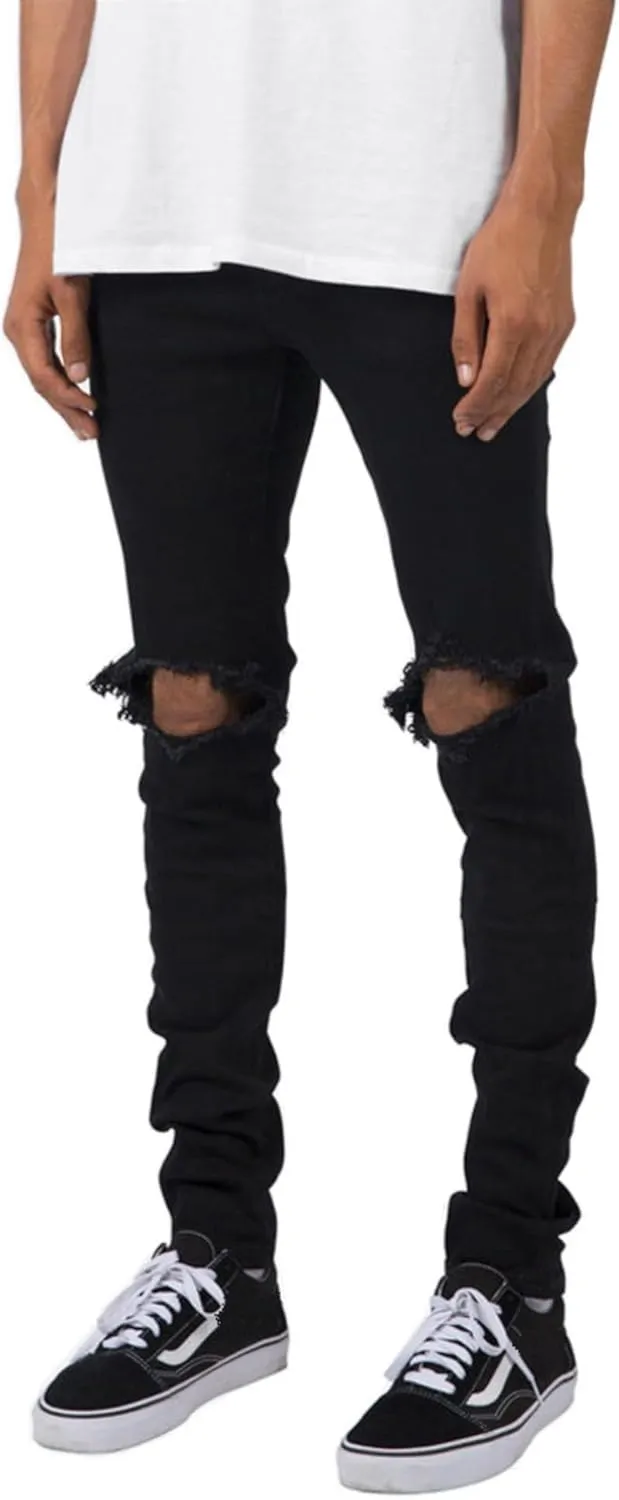 Men Micro Elastic Ripped Skinny Jeans Mid Rise Denim Pants with Holes Y2K Classic Comfortable Daily Trousers