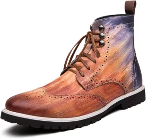 Men's Brogue Leather Lace-Up Ankle Boots with Wingtip Design Vintage Dress Boots for Casual Business Office Daily Wear and Formal Occasions