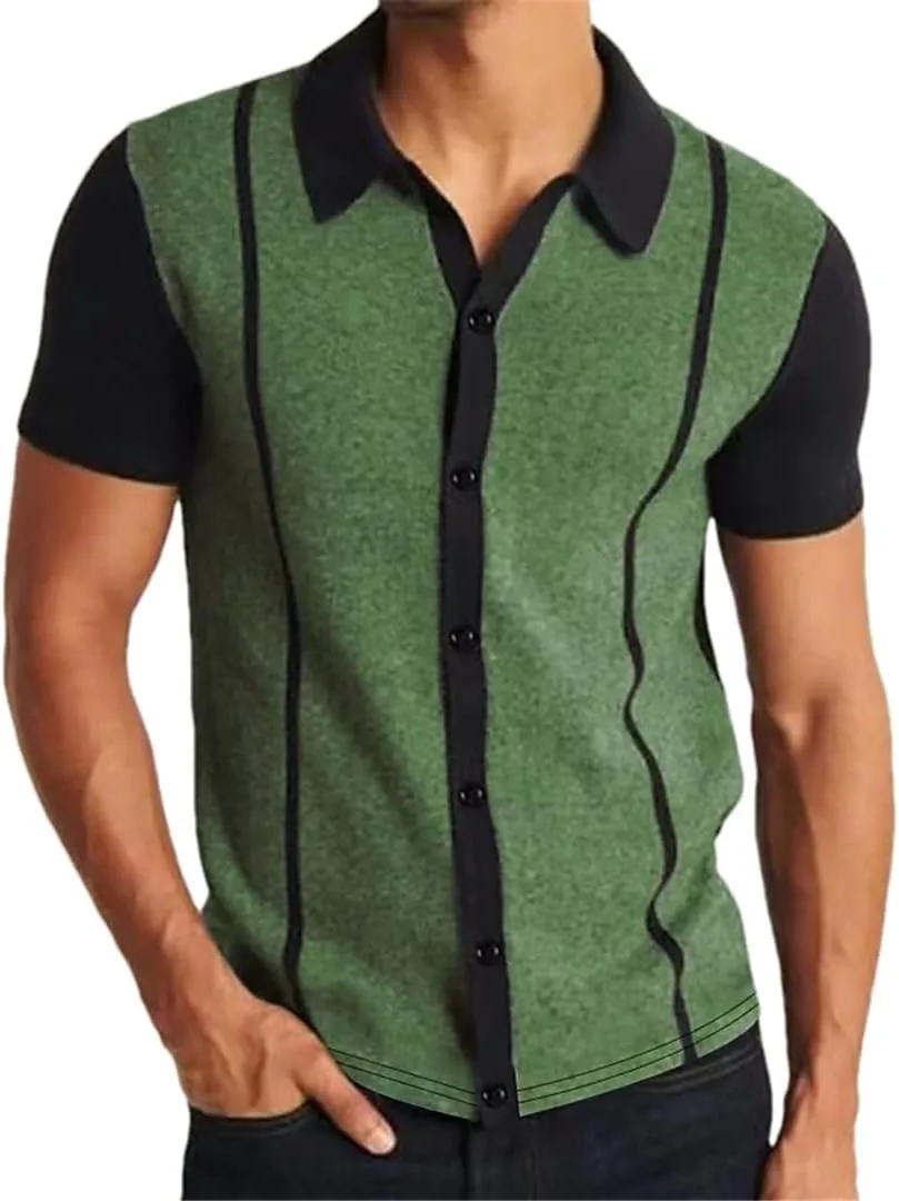 Men's Knit Short Sleeve Polo Shirt Casual Streetwear Lapel Button Down Breathable Cardigan