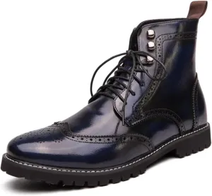 Mens Retro Brogue Leather Lace-Up High Top Ankle Boots Casual Vintage Wingtip Chukka Dress Boots for Business Office Daily Formal