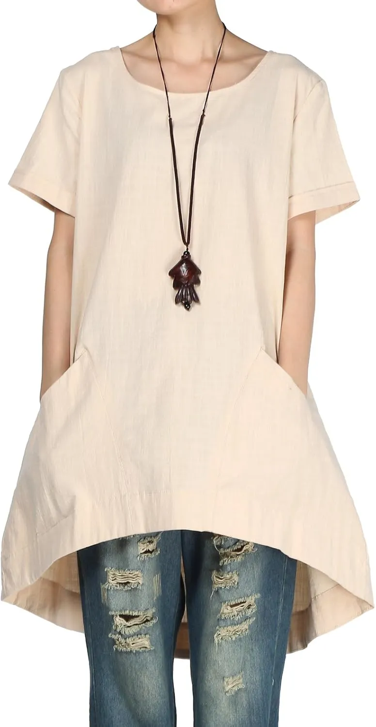 Minibee Women's Cotton Linen Short Sleeve Tunic/Top Tees