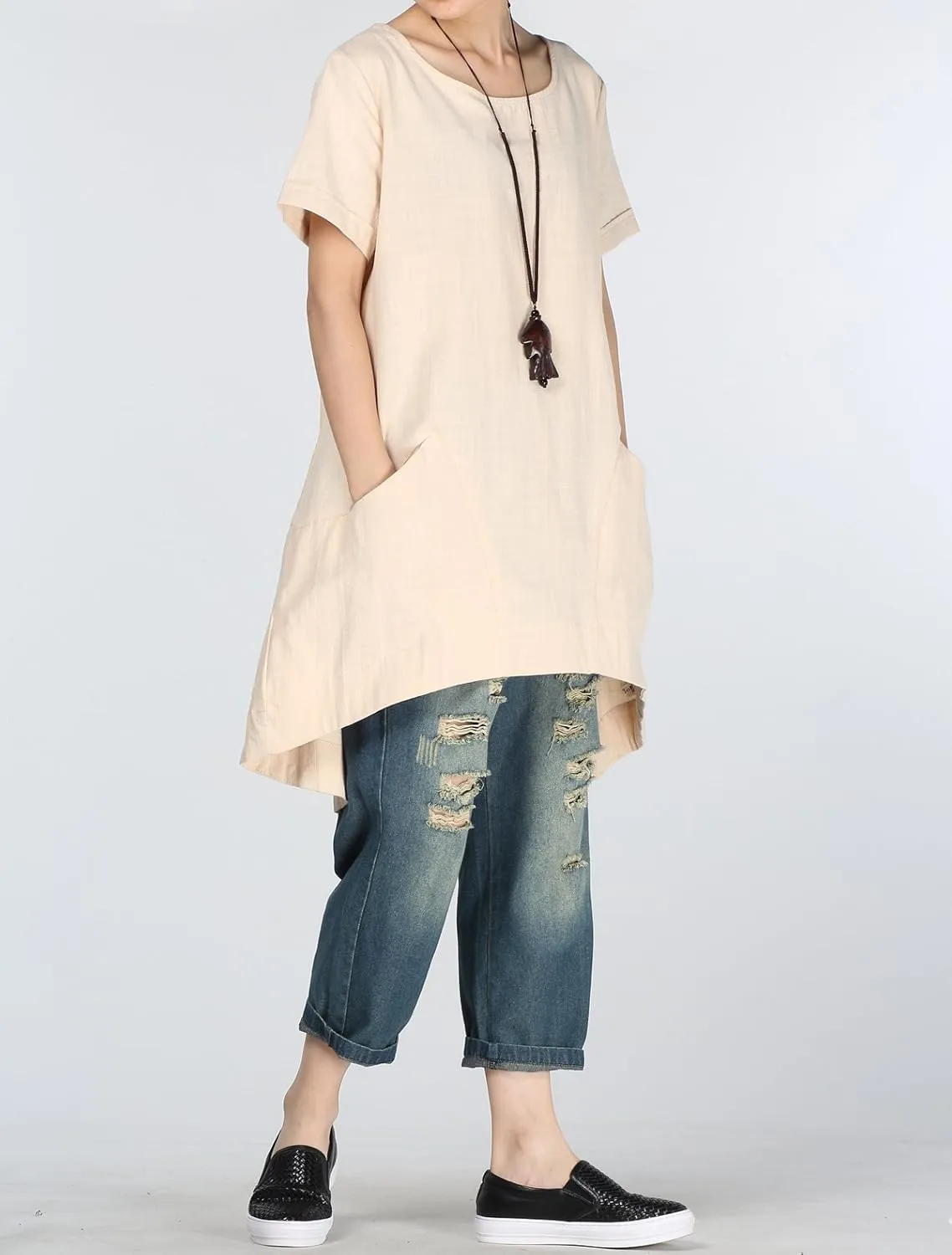 Minibee Women's Cotton Linen Short Sleeve Tunic/Top Tees
