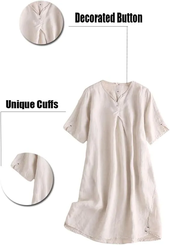 Minibee Women's Summer T Shirt Dress V Neck Linen Casual Tunic Short Sleeve Boho Flowy Sun Dresses