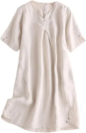 Minibee Women's Summer T Shirt Dress V Neck Linen Casual Tunic Short Sleeve Boho Flowy Sun Dresses