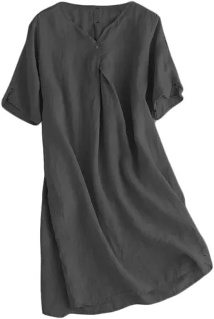 Minibee Women's Summer T Shirt Dress V Neck Linen Casual Tunic Short Sleeve Boho Flowy Sun Dresses