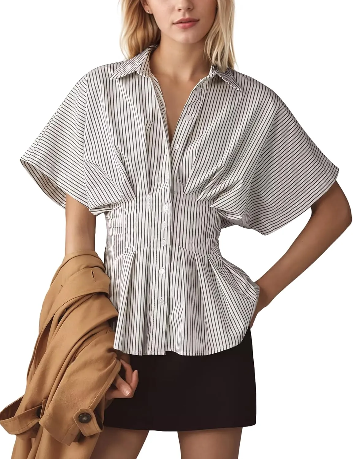MISSACTIVER Striped Button Down Shirts for Women Short Sleeve Pleated Corset Blouse Casual Summer Peplum Dressy Tops