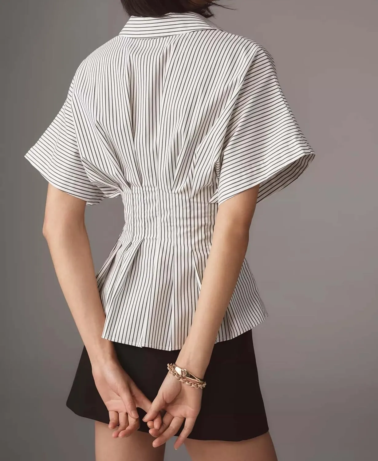 MISSACTIVER Striped Button Down Shirts for Women Short Sleeve Pleated Corset Blouse Casual Summer Peplum Dressy Tops