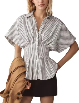 MISSACTIVER Striped Button Down Shirts for Women Short Sleeve Pleated Corset Blouse Casual Summer Peplum Dressy Tops