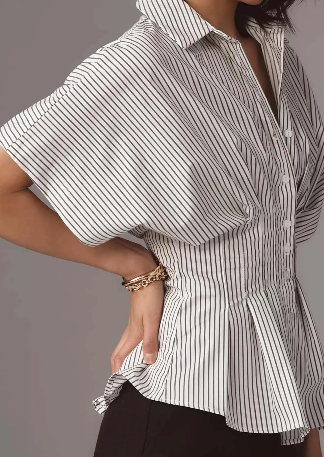MISSACTIVER Striped Button Down Shirts for Women Short Sleeve Pleated Corset Blouse Casual Summer Peplum Dressy Tops
