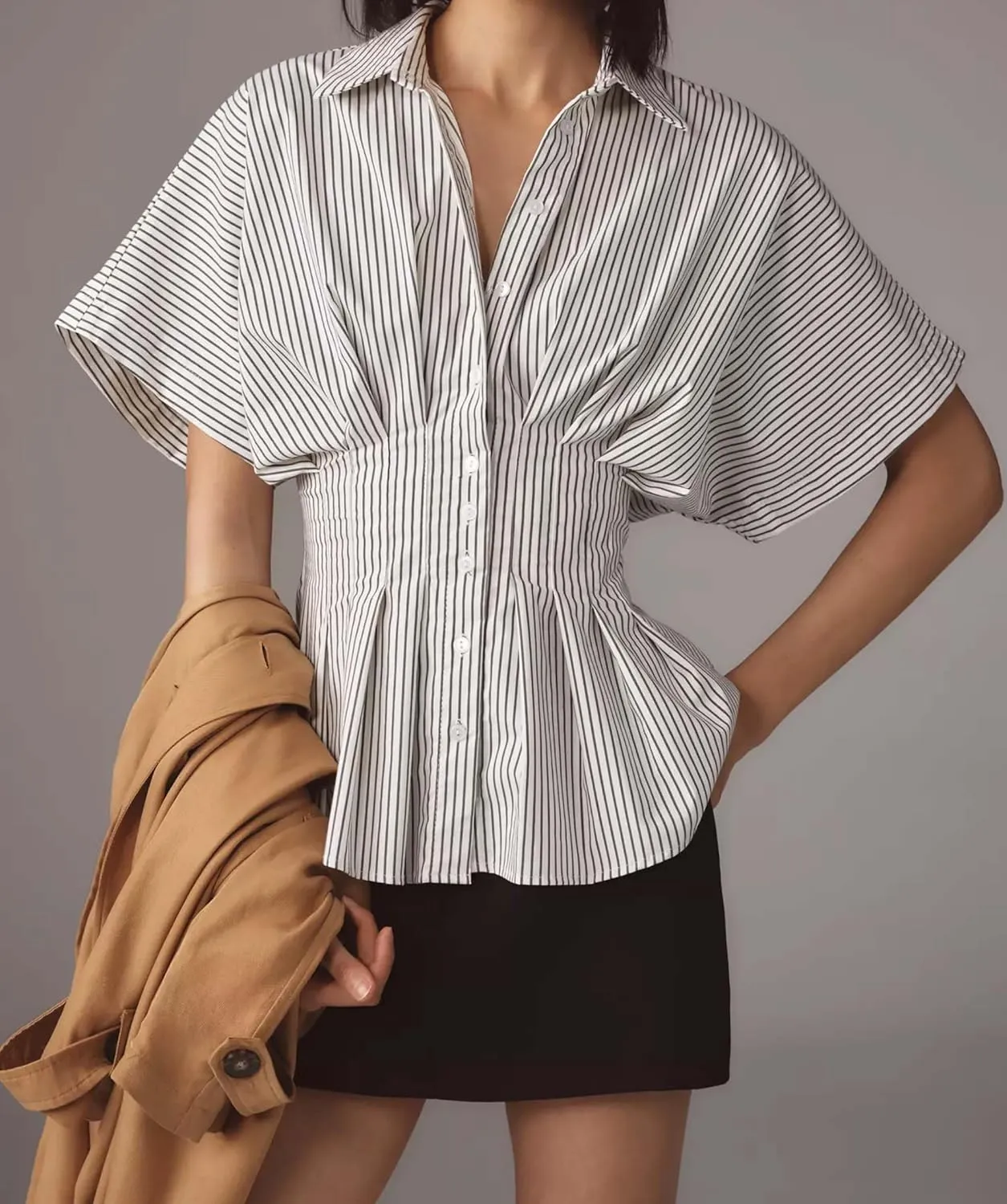 MISSACTIVER Striped Button Down Shirts for Women Short Sleeve Pleated Corset Blouse Casual Summer Peplum Dressy Tops