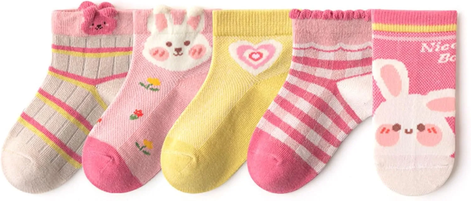 Mud Kingdom Summer Thin 5 Pairs Girls Boys Cotton Crew Socks for 1-3/3-5/6-8/9-12 Years Old Ruffled