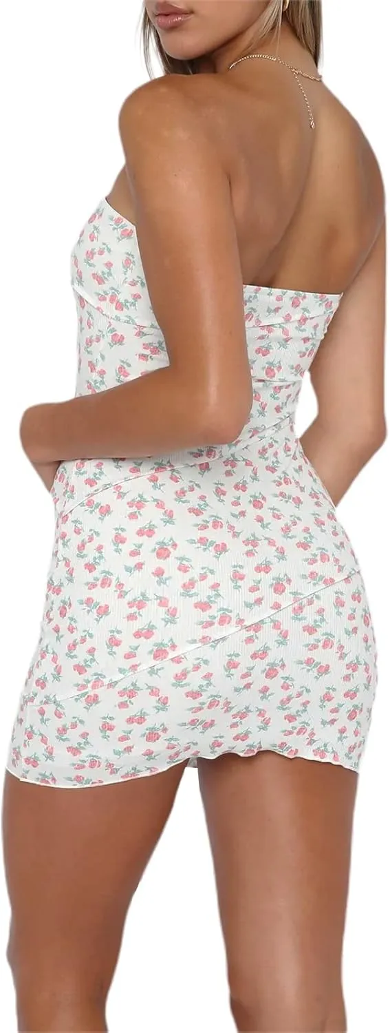 NUFIWI Women Y2k Off Shoulder Mini Dress Strapless Floral Printed Tube Dress Bodycon Backless Short Party Dress