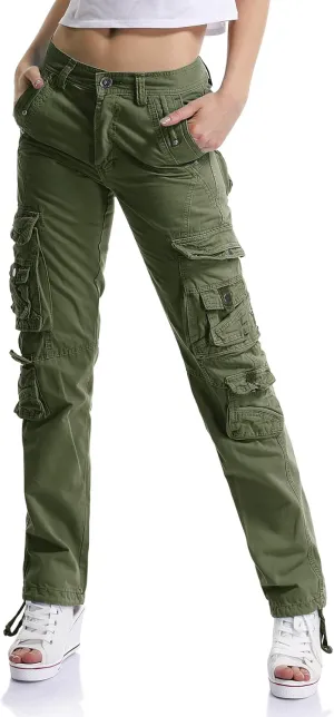 OCHENTA Women's Cotton Casual Cargo Work Pants Travel Hiking Baggy Y2K with Multi Pockets Army Green Tag 34 - US 12