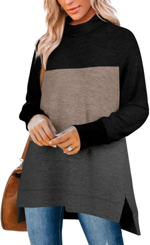 OFEEFAN Women's Turtle Neck Sweatshirts High Low Hem Side Slit
