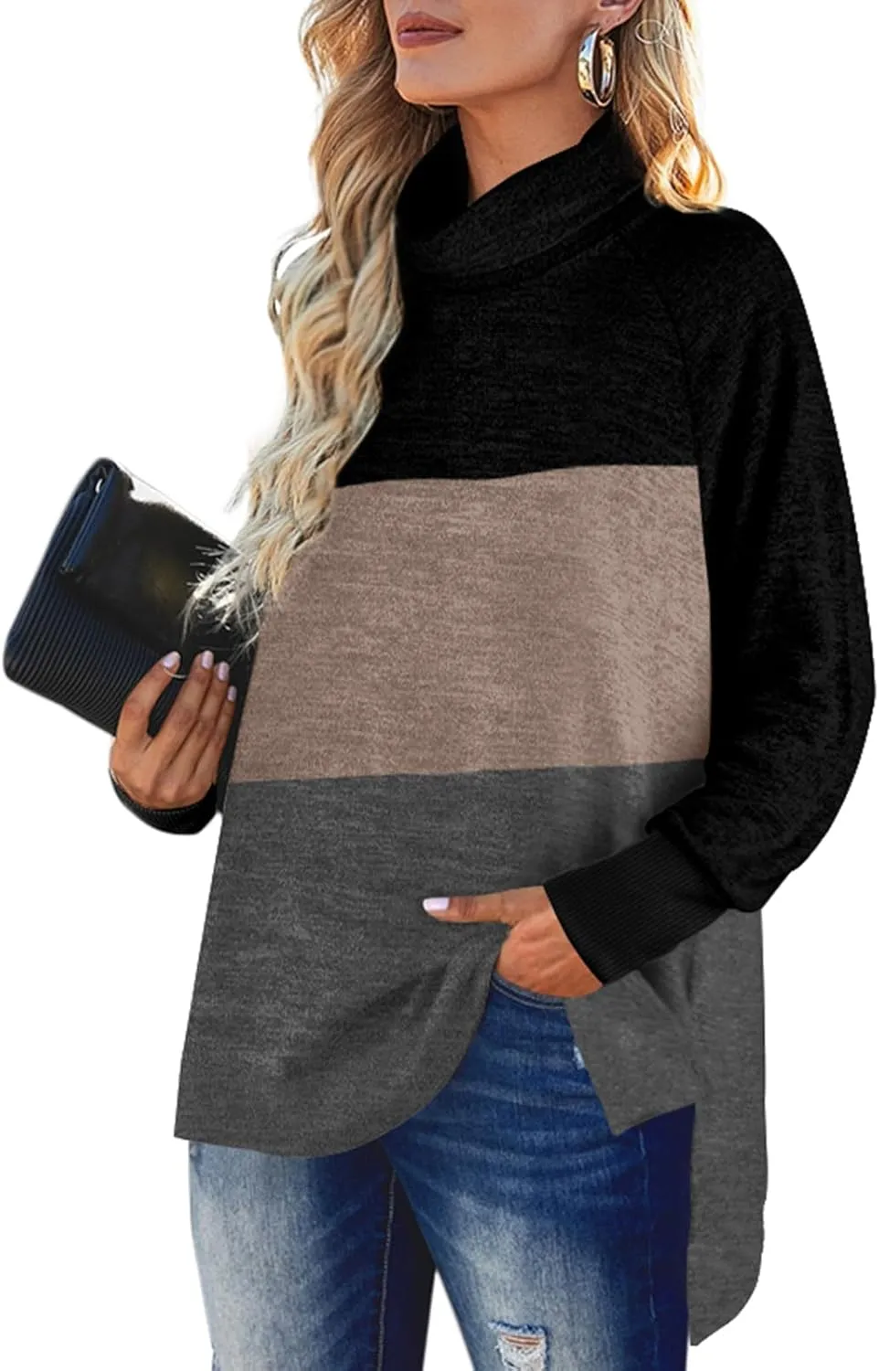 OFEEFAN Women's Turtle Neck Sweatshirts High Low Hem Side Slit