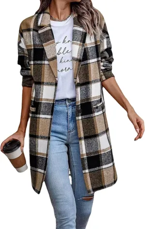 OMZIN Women's Casual Button Wool Blend Winter Tartan Trench Coat Plaid Baggy Jacket with Pockets