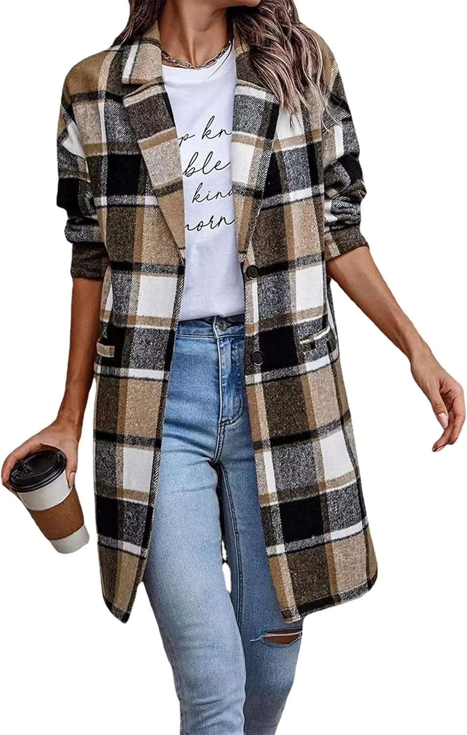 OMZIN Women's Casual Button Wool Blend Winter Tartan Trench Coat Plaid Baggy Jacket with Pockets