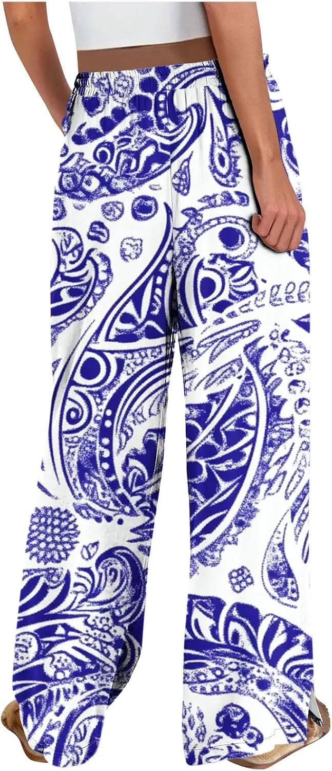 Palazzo Pants for Women Boho Printed Wide Leg High Waisted Loose Fit Drawstring with Pockets Casual Summer 2025