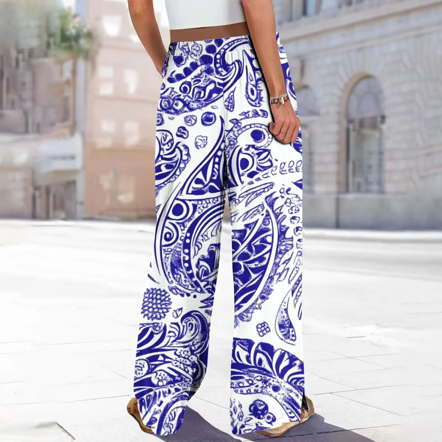 Palazzo Pants for Women Boho Printed Wide Leg High Waisted Loose Fit Drawstring with Pockets Casual Summer 2025